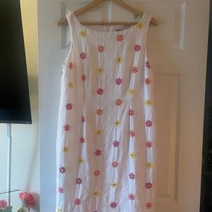 R&K Floral Midi Dress in White with Pink, Orange, and Yellow Embroidered Flowers